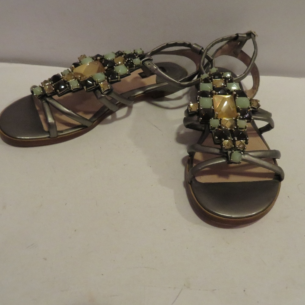 WOMENS JOAN & DAVID GRAY LEATHER STONE SANDALS 6.5